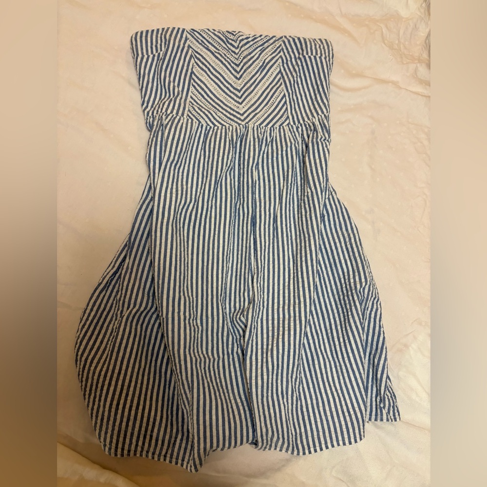 Blue and White Seersucker Strapless Dress